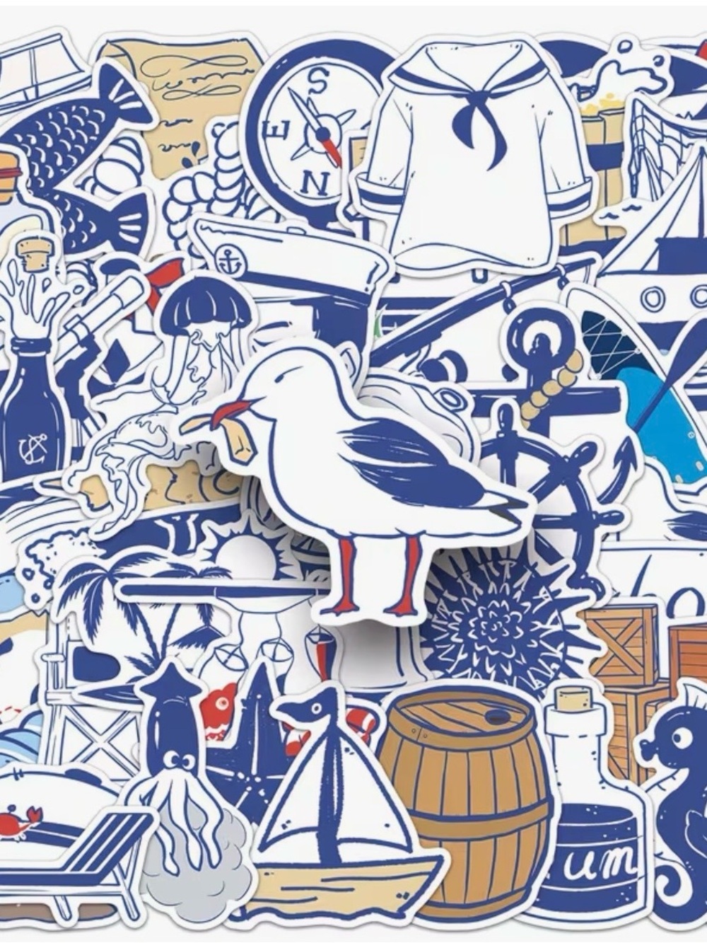 50 Blue White Nautical Stickers Anchor Ship Sailor Fish Lighthouse Rope Shell - Picture 14 of 16